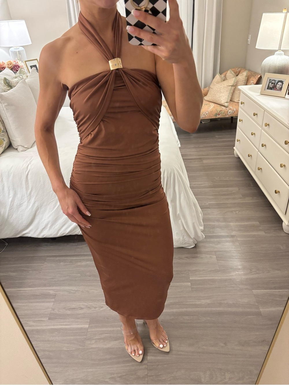 🍫 Her.Bottan Ruched Cutout Halter Midi Dress with Gold Hardware
